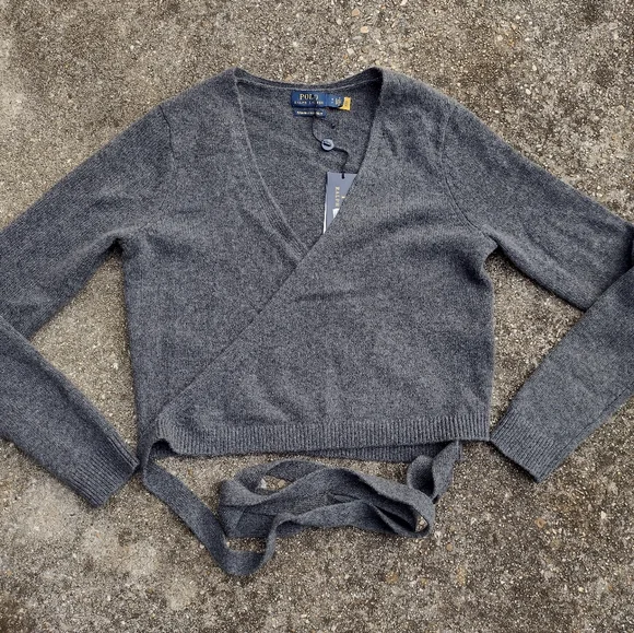 Polo Ralph Lauren Cashmere Wrap Belted Cardigan Sweater Heather Gray S